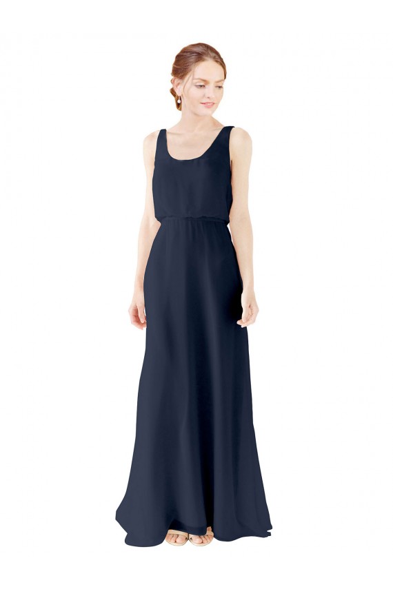 Billigste Dunkelmarine A-Linien Scoop Chiffon Lange Brautjungfernkleider