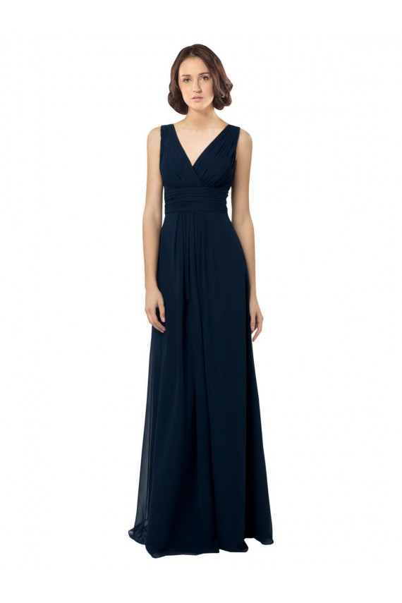 Billigste Dunkelmarine A-Linien V-Ausschnitt Chiffon Lange Brautjungfernkleider