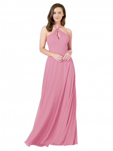 Billigste Hautrosa A-Linien Neckholder Chiffon Lange Brautjungfernkleider / Abiballkleider