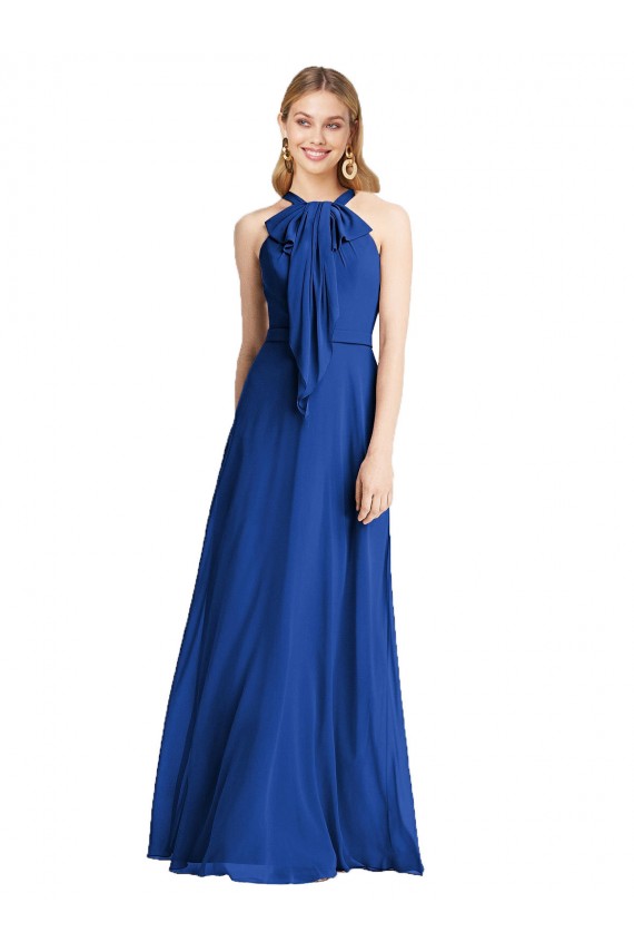 Billigste Königsblau A-Linien Neckholder Chiffon Lange Brautjungfernkleider