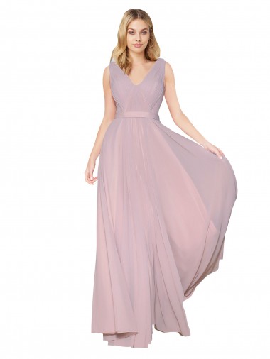 Billigste Primel A-Linien V-Ausschnitt Chiffon Lange Formale Brautjungfernkleider / Abendkleider / Abiballkleider
