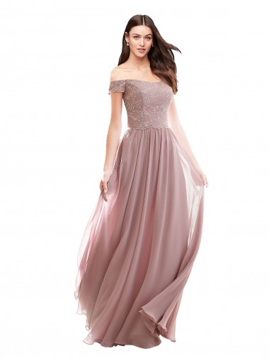 Billigste Rosa 147 A-Linien Off-Schulter Chiffon Spitze Lange Brautjungfernkleider