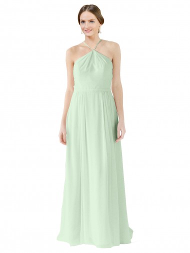 Billigste Salbeigrün A-Linien Neckholder Chiffon Lange Brautjungfernkleider