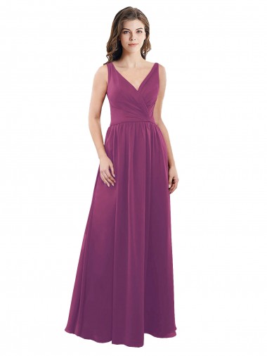 Billigste Wilde Beere A-Linien V-Ausschnitt Chiffon Lange Brautjungfernkleider